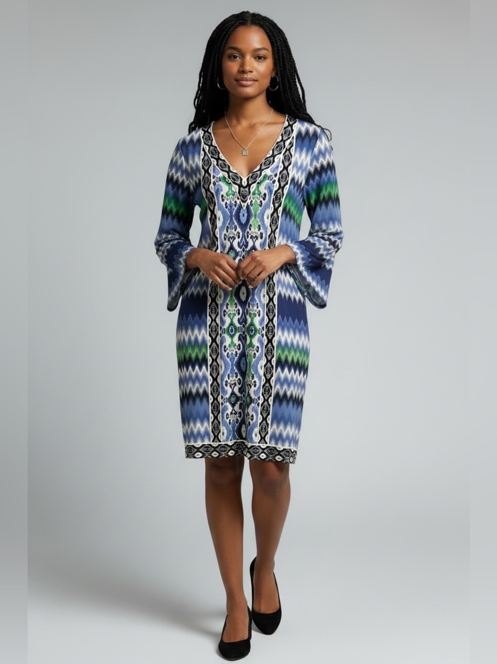 London Times Blue White and Green V-Neck Printed Sheath Dress Size 10